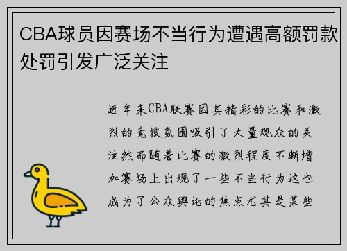 CBA球员因赛场不当行为遭遇高额罚款处罚引发广泛关注