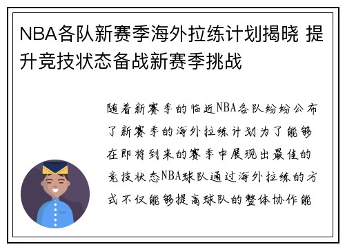 NBA各队新赛季海外拉练计划揭晓 提升竞技状态备战新赛季挑战