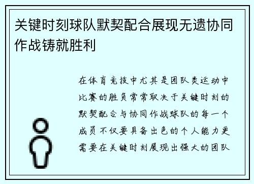 关键时刻球队默契配合展现无遗协同作战铸就胜利