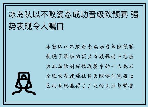冰岛队以不败姿态成功晋级欧预赛 强势表现令人瞩目