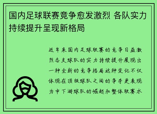 国内足球联赛竞争愈发激烈 各队实力持续提升呈现新格局
